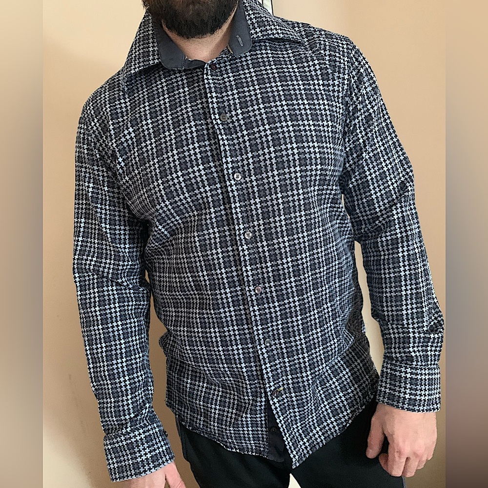 JACK LIPSON made in 🇨🇦 grey white black checkered plaid houndstooth button top